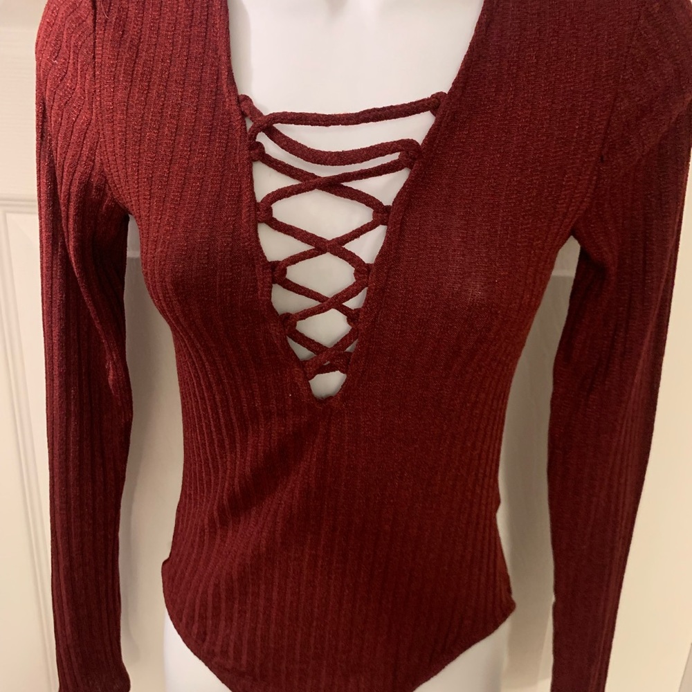 NWOT Burgundy striped sexy strappy Bodysuit - S